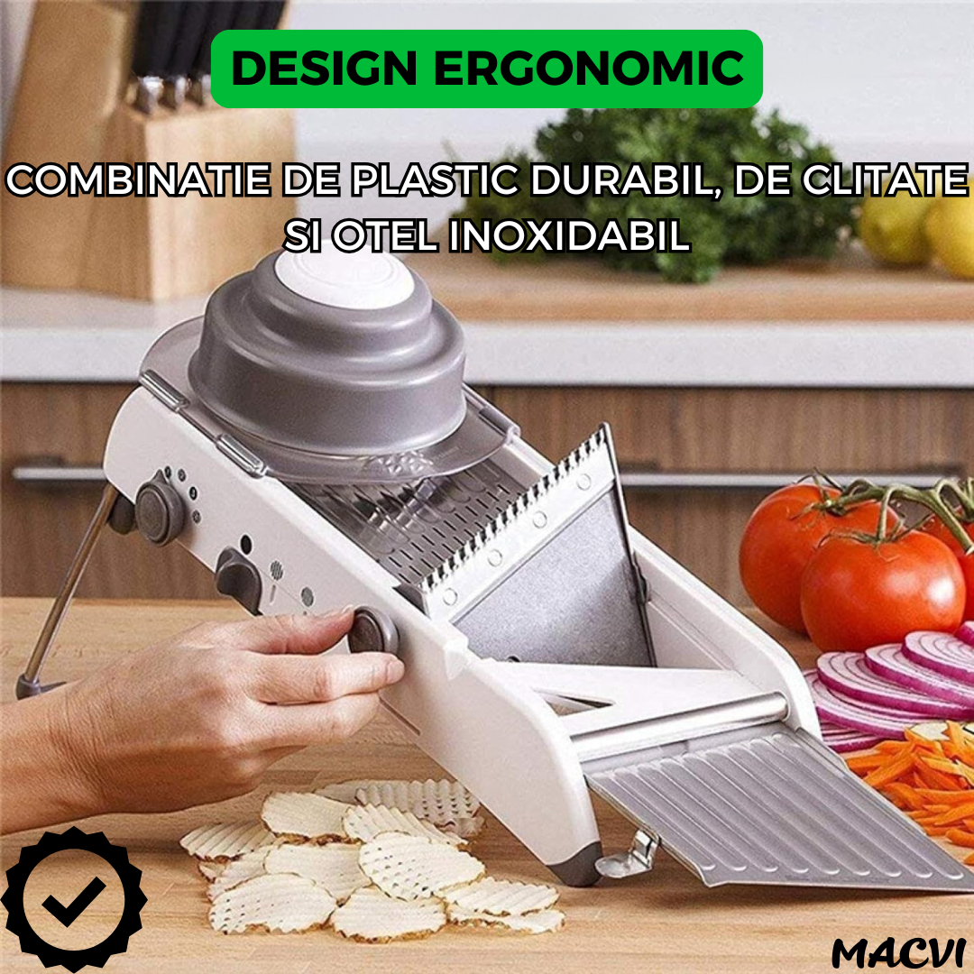 Razatoare Multifunctionala Macvi® pentru legume si fructe, 18 taieturi diferite, lame inox, reglabila 1-7 mm, ergonomica, gri