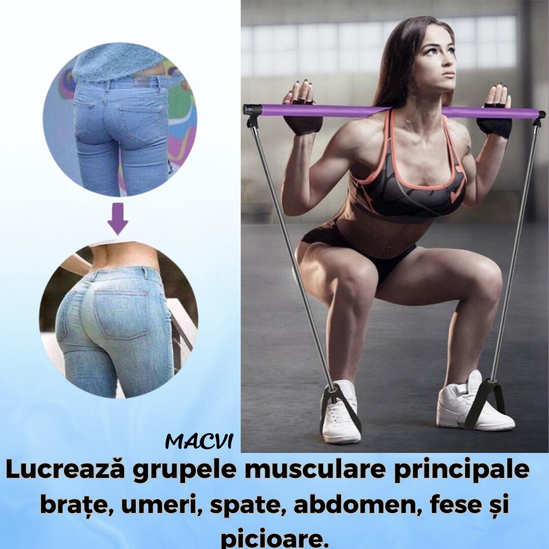 Bara Fitness Macvi® cu Benzi Elastice Reglabile, Multifunctionala pentru Antrenamente Complete, Rezistenta Ajustabila, Culoare Mov