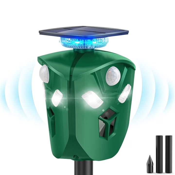 Aparat Macvi® cu ultrasunete anti-daunatori triplu, 360°, anti animale salbatice, incarcare solara/USB, 3 senzori PIR, LED-uri stroboscopice, waterproof, verde