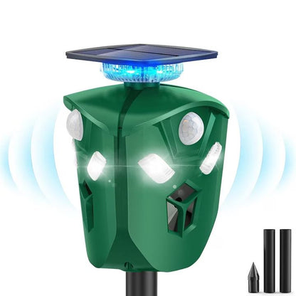 Aparat Macvi® cu ultrasunete anti-daunatori triplu, 360°, anti animale salbatice, incarcare solara/USB, 3 senzori PIR, LED-uri stroboscopice, waterproof, verde