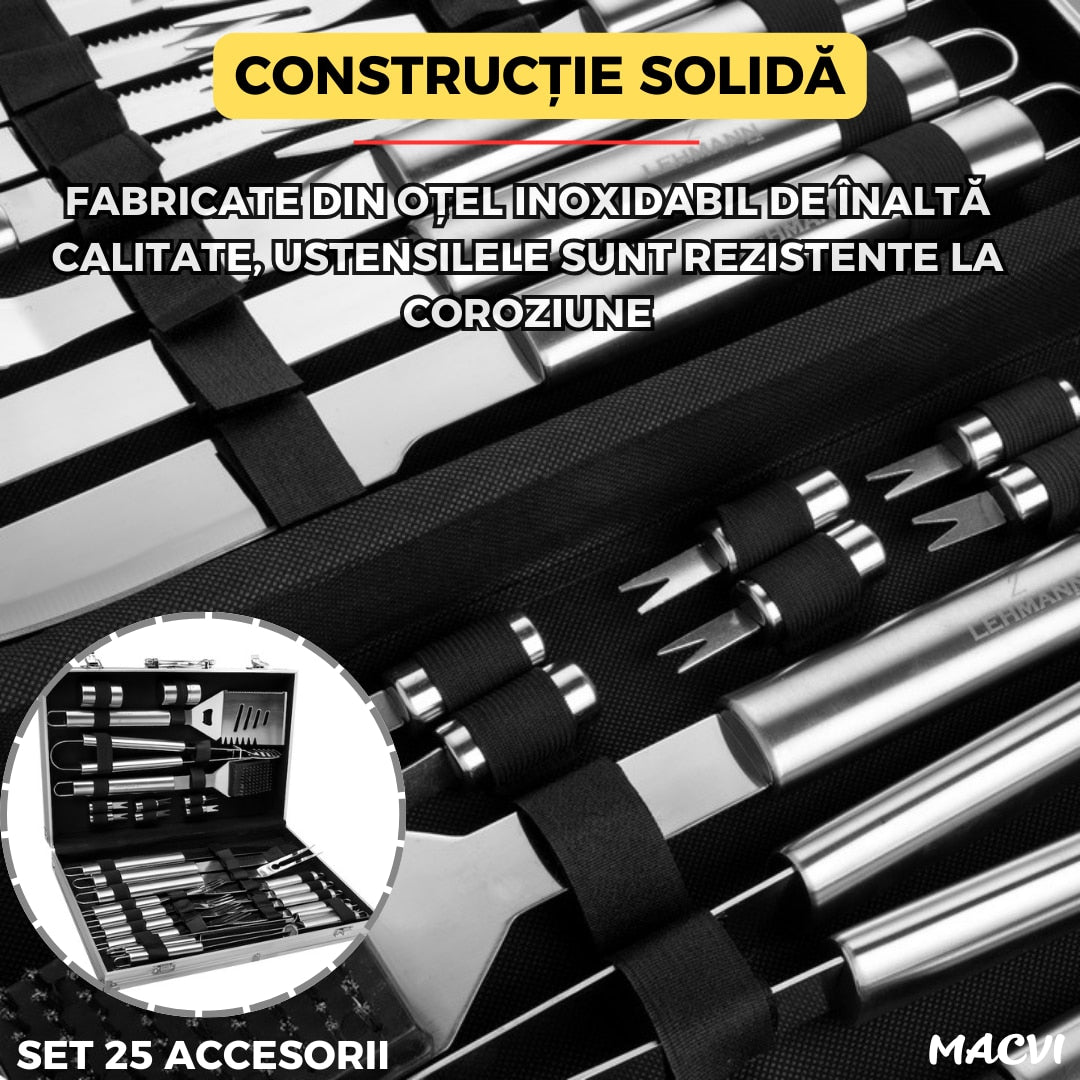 Set accesorii gratar Macvi® 25 piese, otel inoxidabil premium, geanta transport aluminiu captusita 43x27x8cm