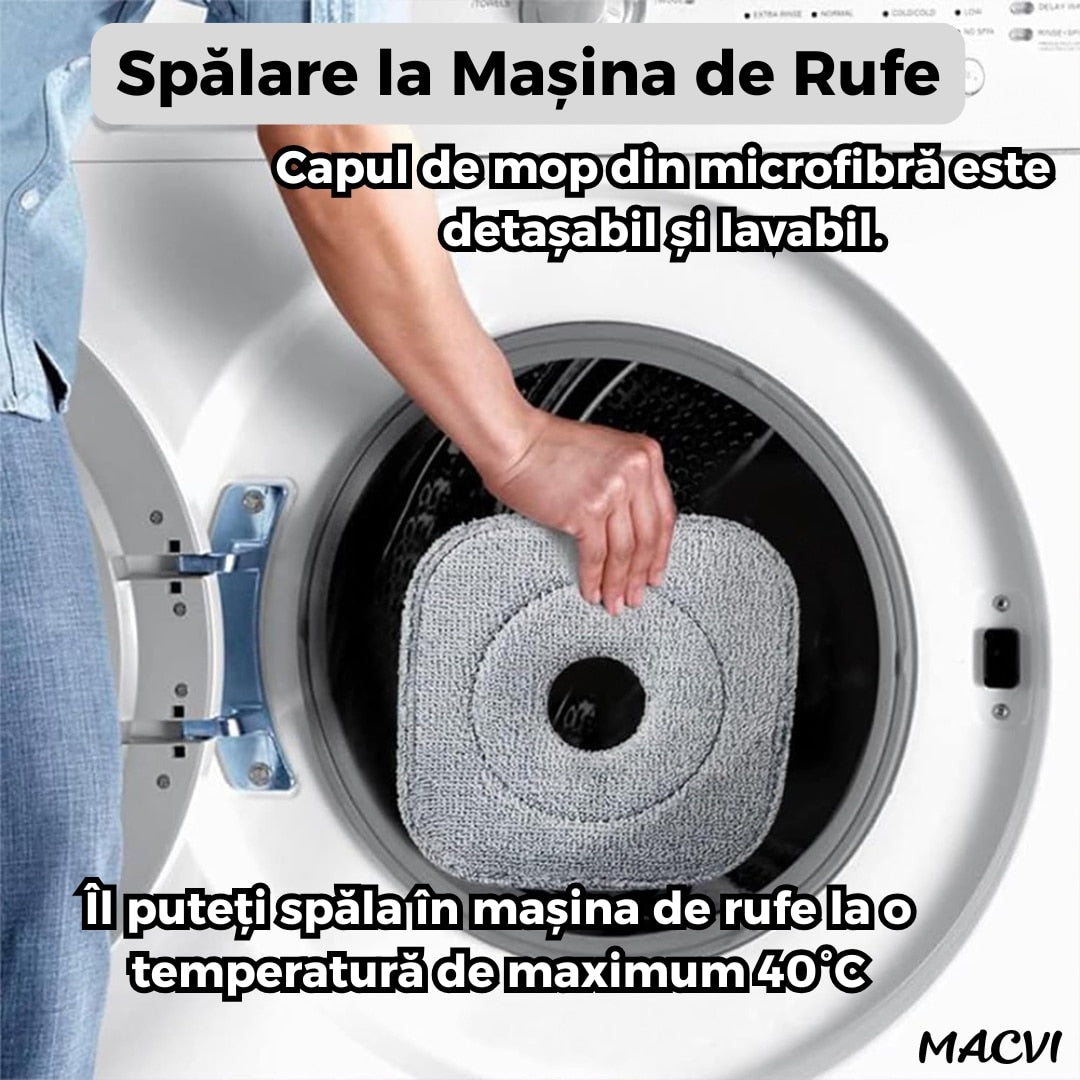 Mop Rotativ Macvi® cu Galeata, 2 lavete microfibra, functie de autocuratare, Rotatie 360°, Stoarcere Automata, Gri Inchis