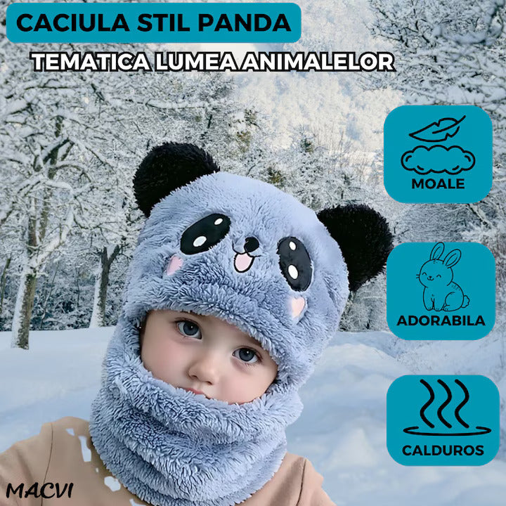 Caciula pentru copii tip cagula Macvi® 2 in 1, tematica lumea animalelor, model ursulet panda zambitor, 1-5 ani, albastru