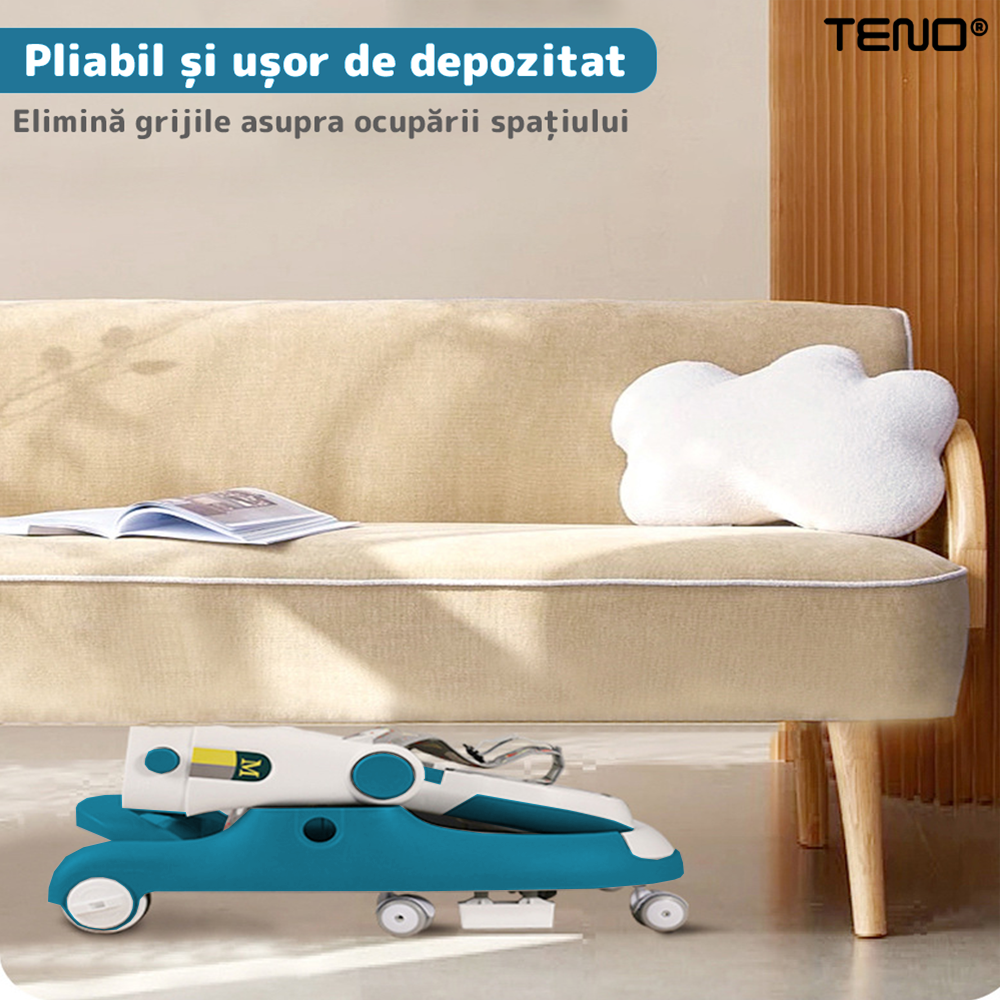 Premergator Multifunctional pentru Bebelusi Teno®, tava cu 3 jucarii, muzica, reglabil, pliabil, greutate max 20kg, 6-36 luni, albastru