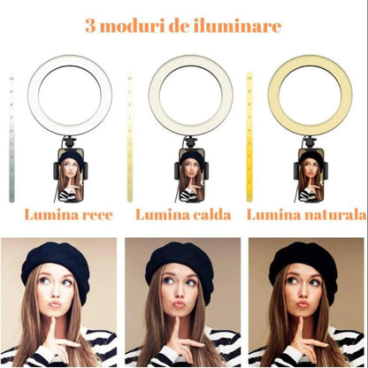 Lampa Circulara Profesionala Ring Light LED Macvi®, Diametru 45 cm (18 inch), Conectare USB, 3 Moduri de Lumina