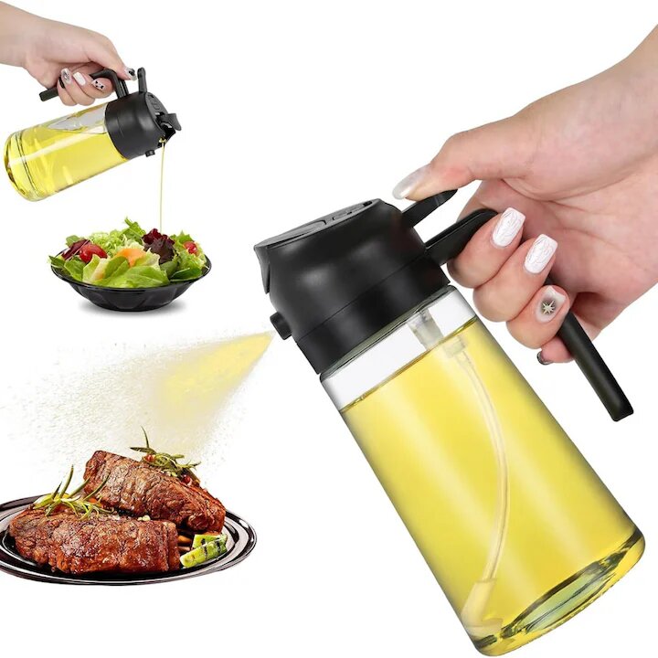 Sticla dozatoare ulei Macvi® 2 in 1, 470ml, cu pulverizator si turnare, control precis, sticla termorezistenta