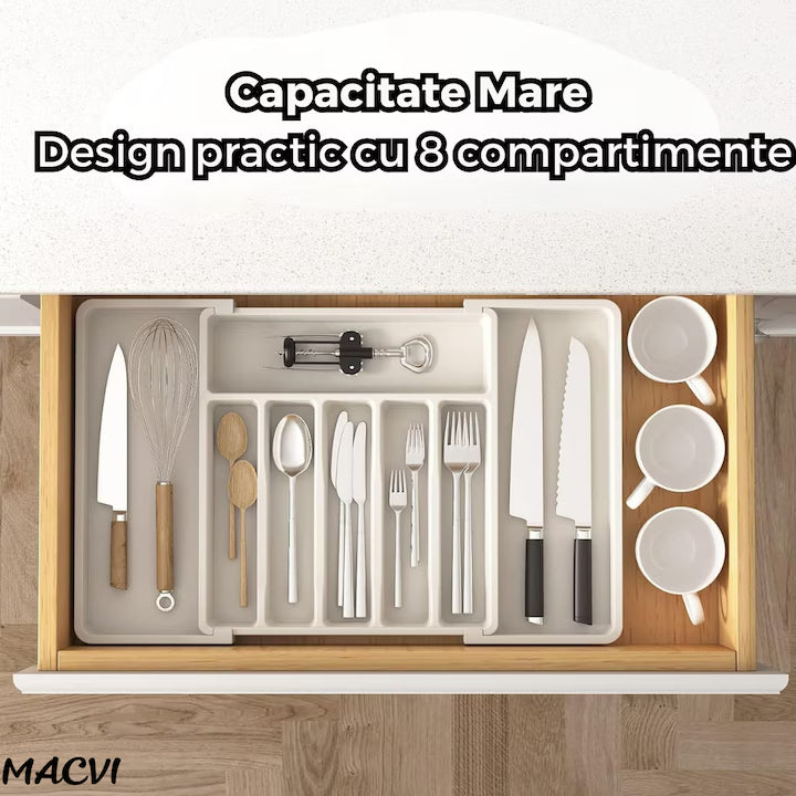 Organizator extensibil Macvi® 8 compartimente, pentru sertar, Sistem modular pentru tacamuri si ustensile de bucatarie, Alb