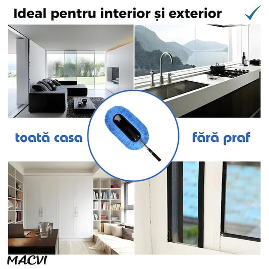 Pamatuf auto din microfibra Macvi® cu maner telescopic, antistatic, ideal pentru praf, plafon si caroserie
