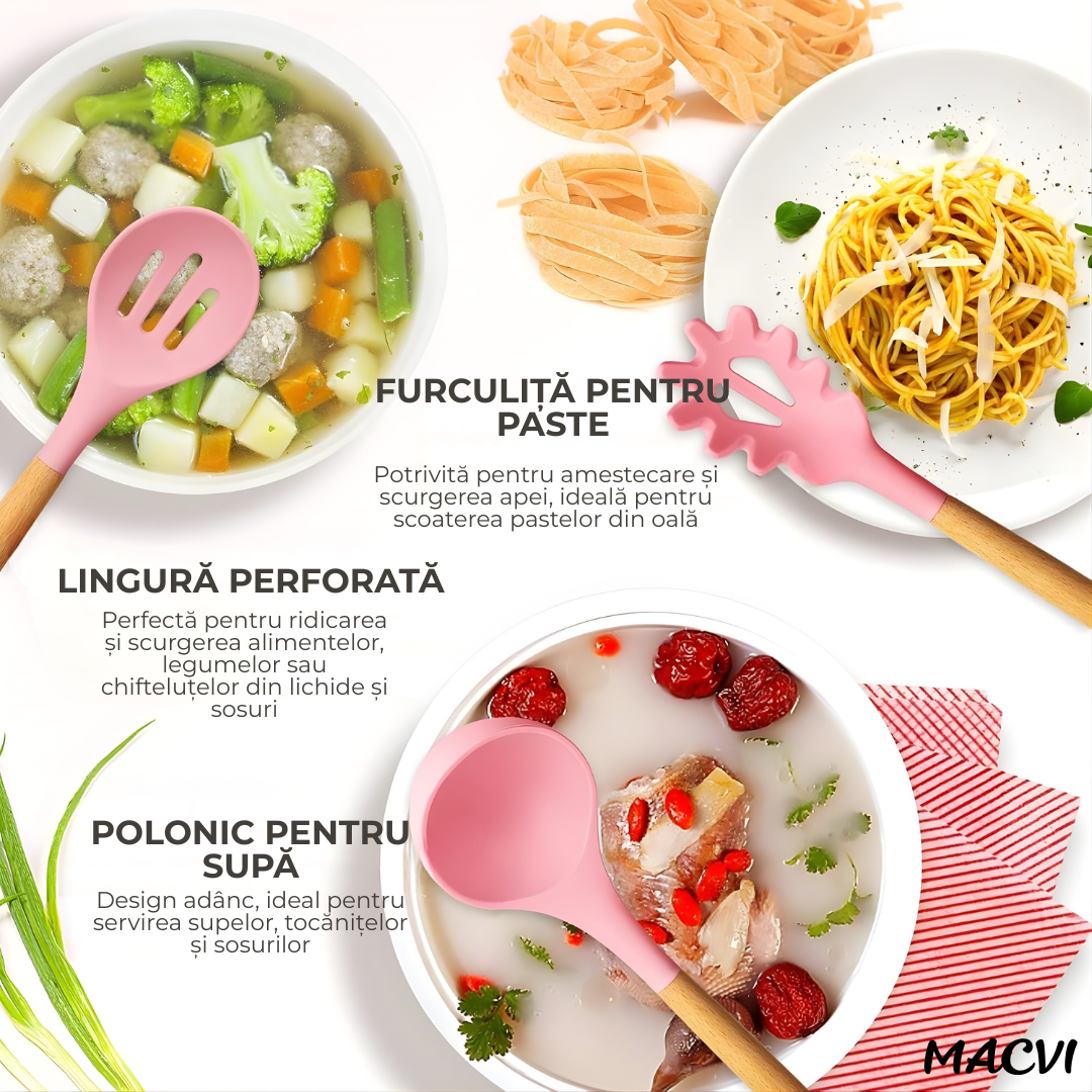 Set ustensile Macvi® bucatarie silicon premium 19 piese cu suport organizare cutite tocator linguri spatule fara BPA rezistente la temperaturi ridicate, Roz