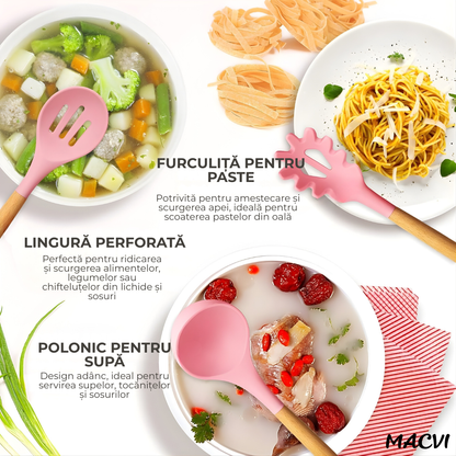 Set ustensile Macvi® bucatarie silicon premium 19 piese cu suport organizare cutite tocator linguri spatule fara BPA rezistente la temperaturi ridicate, Roz