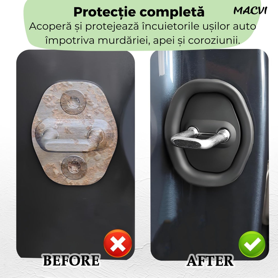 Set 4 protectii Macvi® pentru incuietori auto, capace din silicon pentru protectia si decorul usilor, negru