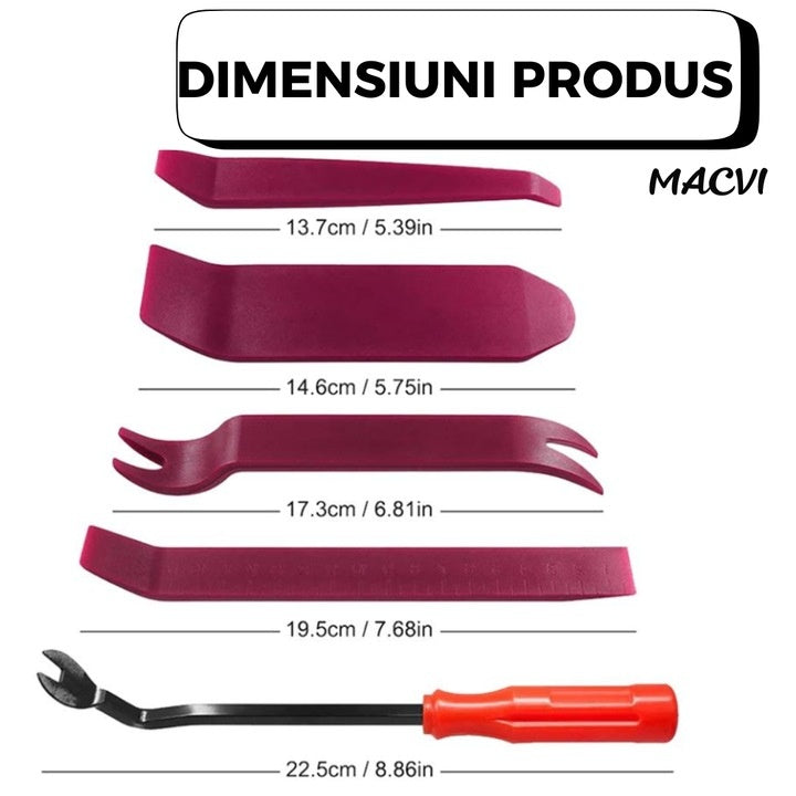 Set unelte demontare Macvi® panouri auto 6 piese, plastic si metal, pentru clipsuri, garnituri si elemente interioare