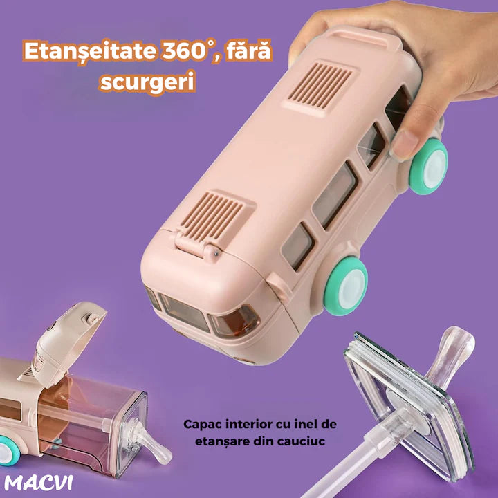 Sticla de Apa pentru Copii Macvi® cu Design Jucarie Autobuz, 500 ml, Fara BPA, Anti-Scurgere, Buton de Deschidere, Curea de Transport Inclusa, Roz