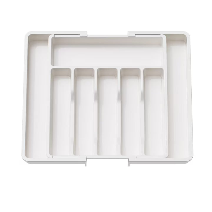 Organizator extensibil Macvi® 8 compartimente, pentru sertar, Sistem modular pentru tacamuri si ustensile de bucatarie, Alb