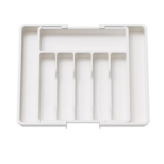 Organizator extensibil Macvi® 8 compartimente, pentru sertar, Sistem modular pentru tacamuri si ustensile de bucatarie, Alb