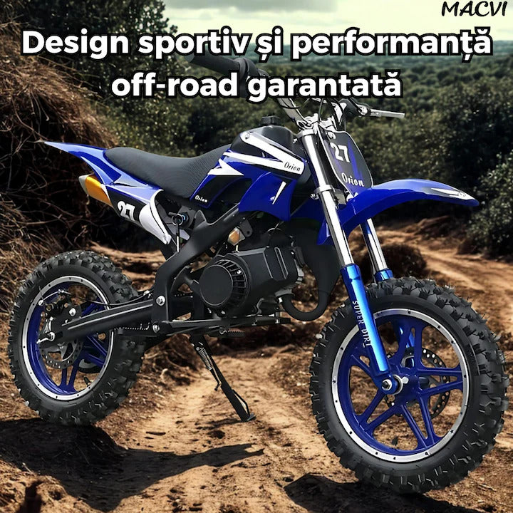 Motocicleta cross Macvi® pentru copii 49cc cu roti groase pornire usoara si motor pe benzina ideala pentru off road, Albastru
