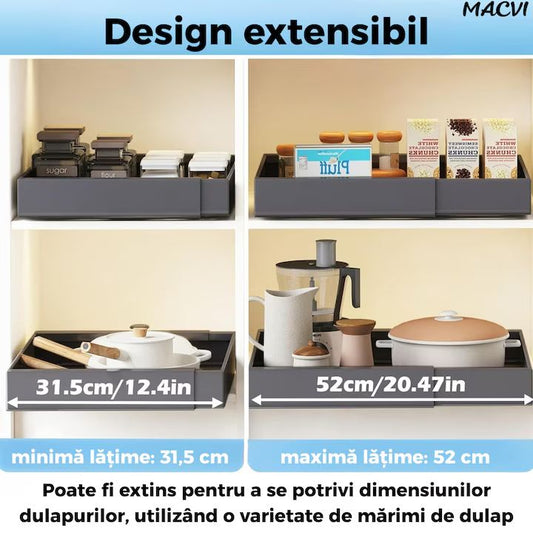 Organizator extensibil Macvi® pentru dulapuri, metal, sertar glisant, montare adeziva, capacitate mare, gri