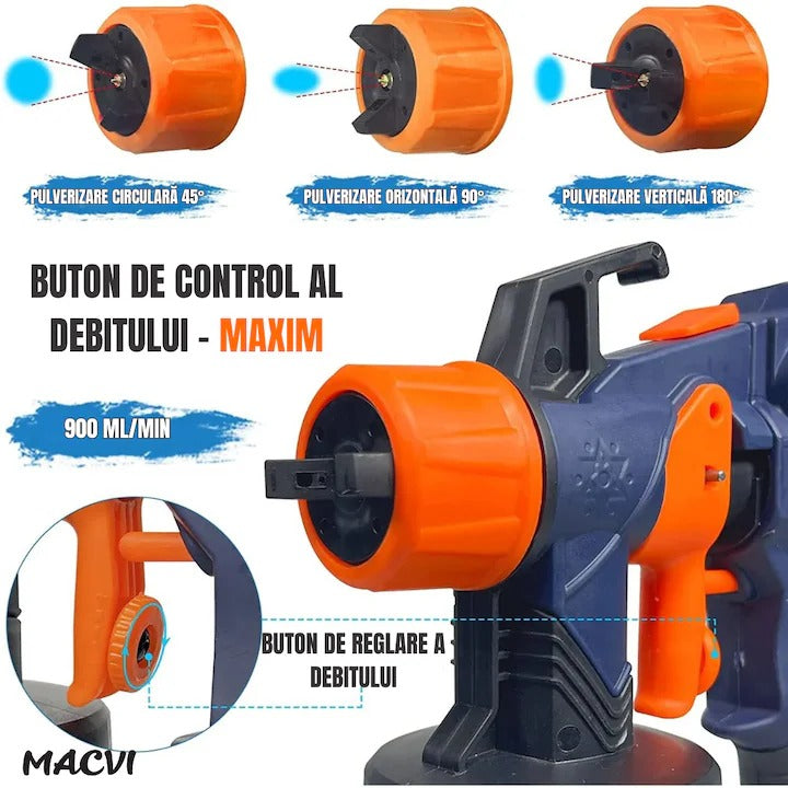 Pulverizator electric vopsea Macvi® 700W albastru vas 900 ml 3 moduri pulverizare debit reglabil 4 duze