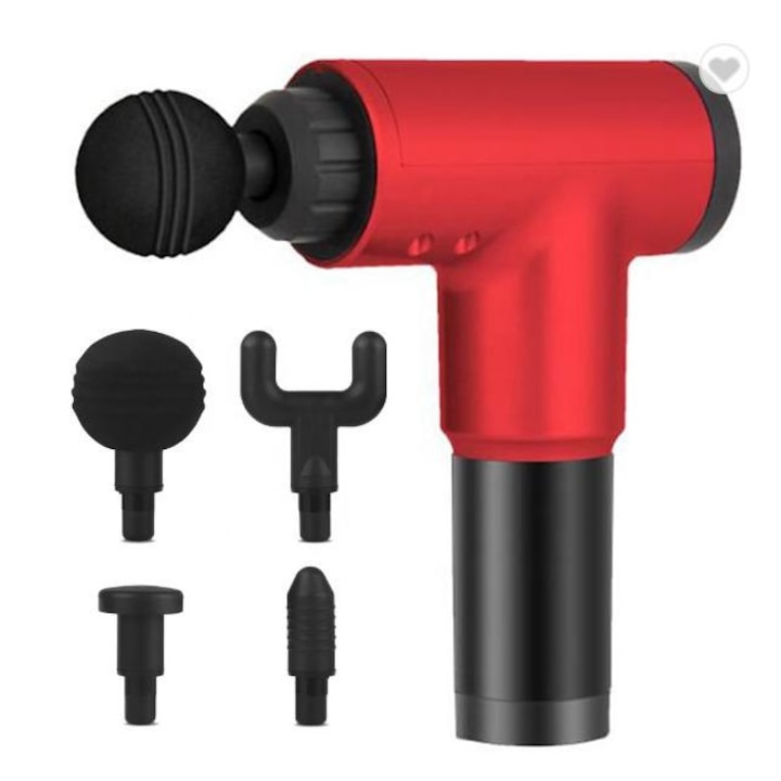 Aparat de Masaj Tip Pistol Macvi® , Cu 4 Capete Interschimbabile, 6 Trepte de Viteza, Autonomie 4 ore, 24W, 3400 RPM, Rosu