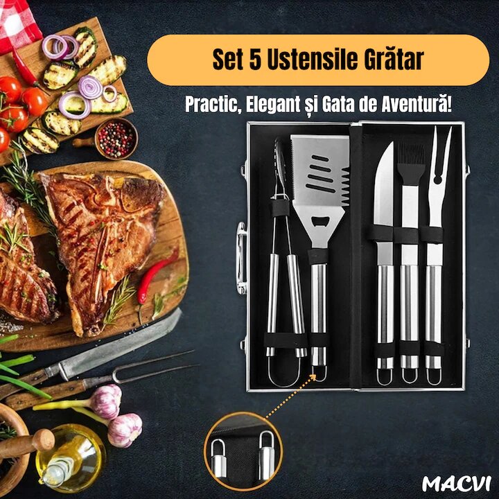 Set 5 ustensile gratar Macvi® din otel inoxidabil premium, geanta transport aluminiu captusita, accesorii pentru un gratar reusit