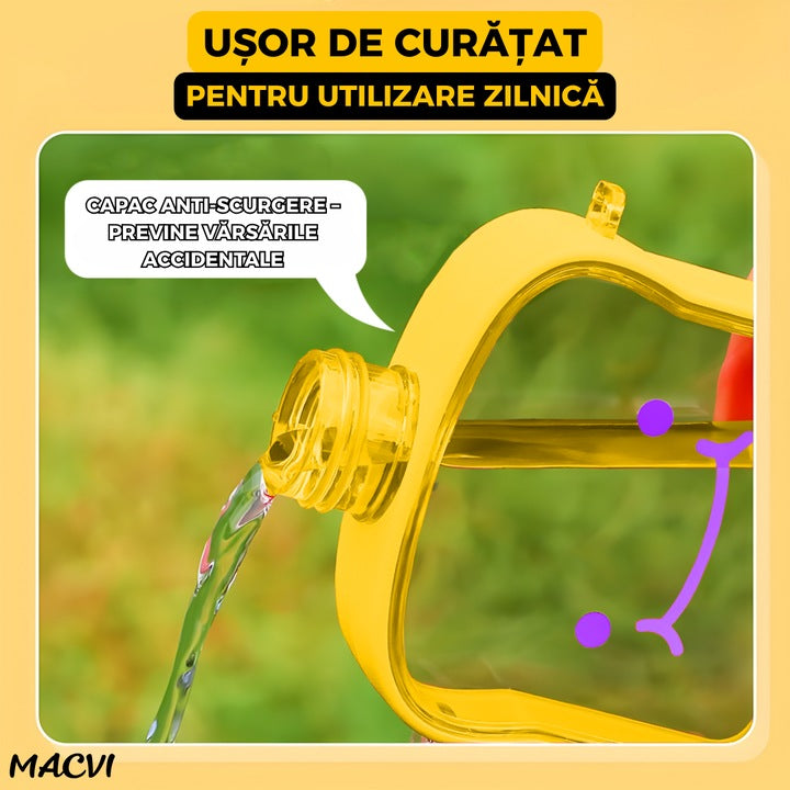 Sticla de Apa pentru Copii Macvi® Forma Toast, 380 ml, Fara BPA, Anti-Scurgere, Capac Etans, Curea Reglabila de Transport, Usor de Curatat, Galben
