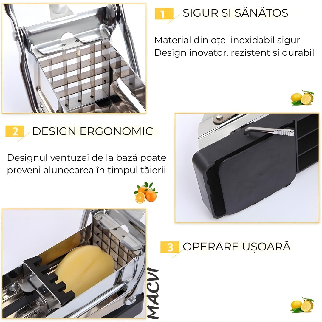 Aparat de Feliat Cartofi si Legume, Macvi® , din Inox, cu Forma Unica pentru Taiere Rapida si Preciza