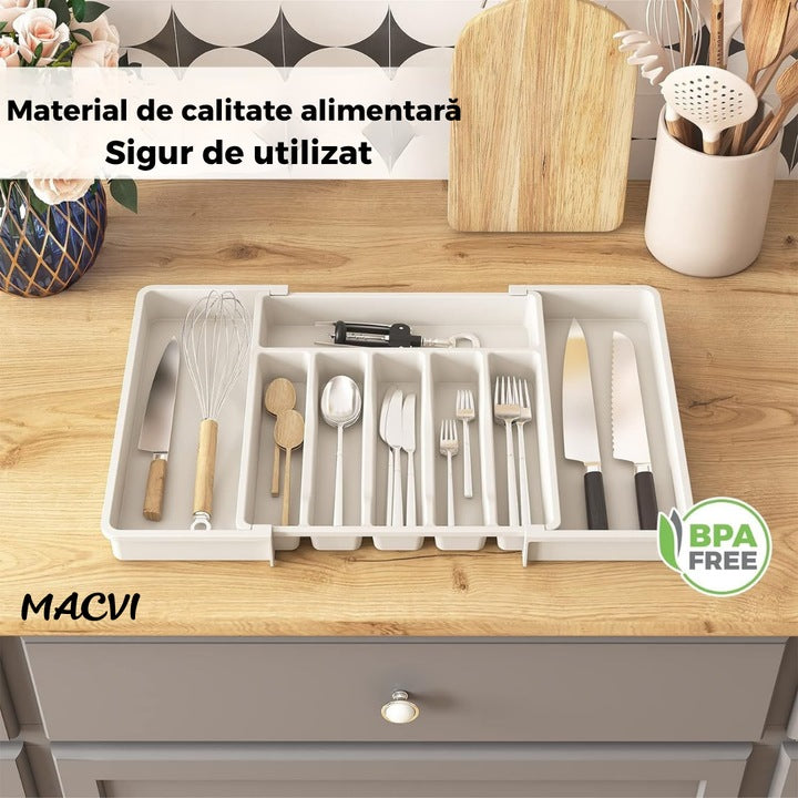 Organizator extensibil Macvi® 8 compartimente, pentru sertar, Sistem modular pentru tacamuri si ustensile de bucatarie, Alb