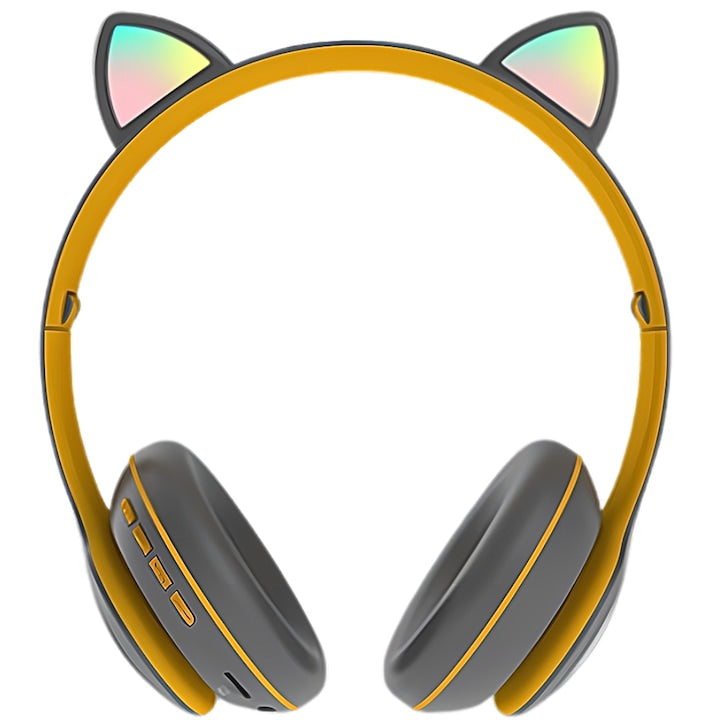Casti Macvi® Wireless Pliabile cu Urechi de Pisica, Bluetooth 5.0, HiFi, Bass Stereo, LED, Gri