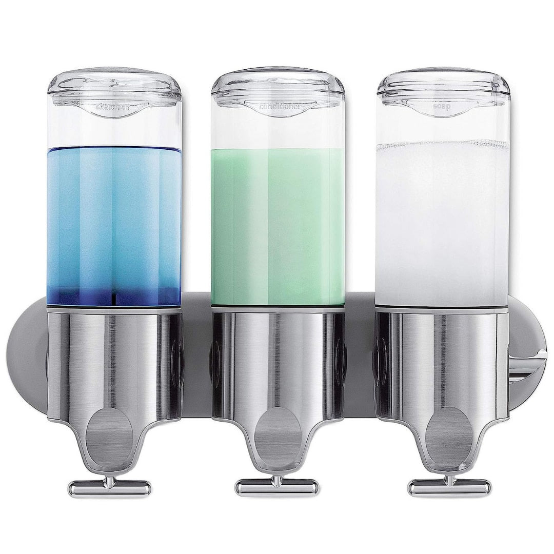 Dispenser 3 in 1 pentru Sapun, Sampon si Balsam Macvi® Montabil pe Perete, Transparent, pentru Baie si Bucatarie
