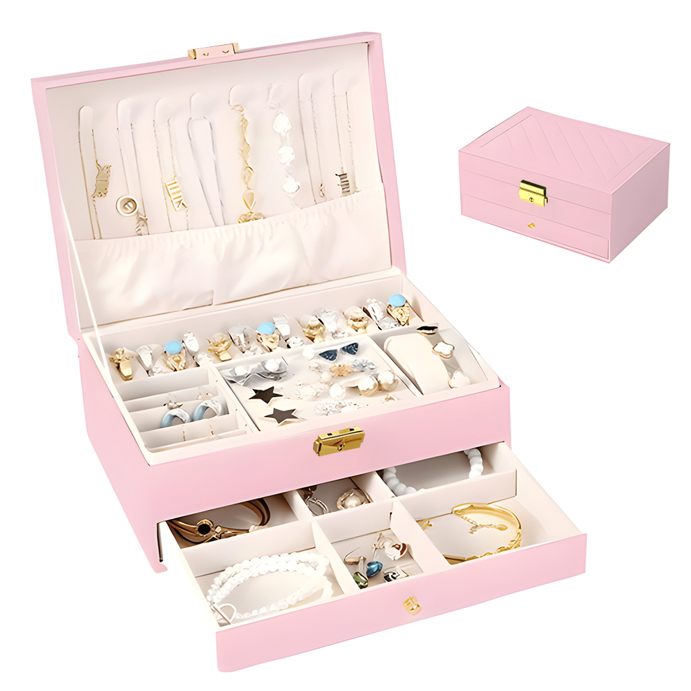 Cutie pentru Bijuterii Teno®, organizare si depozitare, 2 compartimente, captuseala fina, compartimente inele, bratari, lantisoare, ceasuri, compartiment secret, 23 x 10 x 17 cm, roz