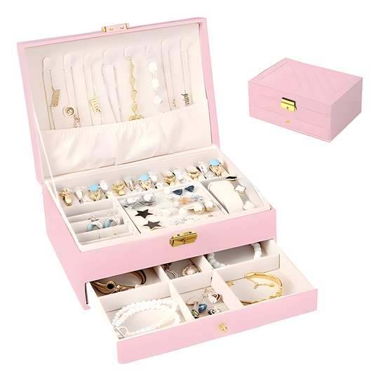 Cutie pentru Bijuterii Teno®, organizare si depozitare, 2 compartimente, captuseala fina, compartimente inele, bratari, lantisoare, ceasuri, compartiment secret, 23 x 10 x 17 cm, roz