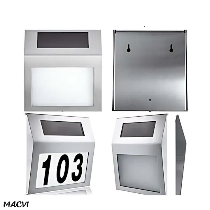 Placa Numar Casa Macvi® cu Iluminare Solara LED Montaj Exterior, Detectie Automata Noapte-Zi, Rezistenta la Intemperii, din Inox