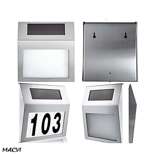 Placa Numar Casa Macvi® cu Iluminare Solara LED Montaj Exterior, Detectie Automata Noapte-Zi, Rezistenta la Intemperii, din Inox