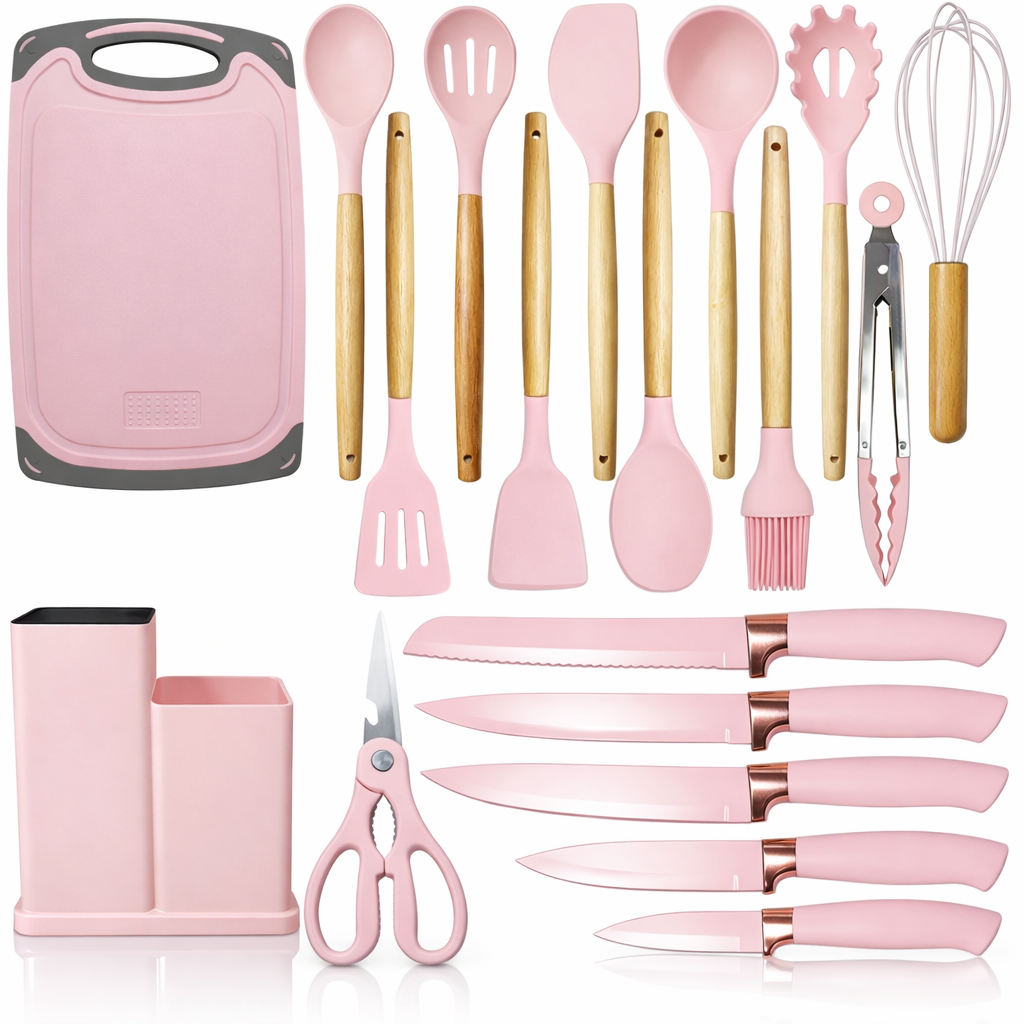 Set ustensile Macvi® bucatarie silicon premium 19 piese cu suport organizare cutite tocator linguri spatule fara BPA rezistente la temperaturi ridicate, Roz