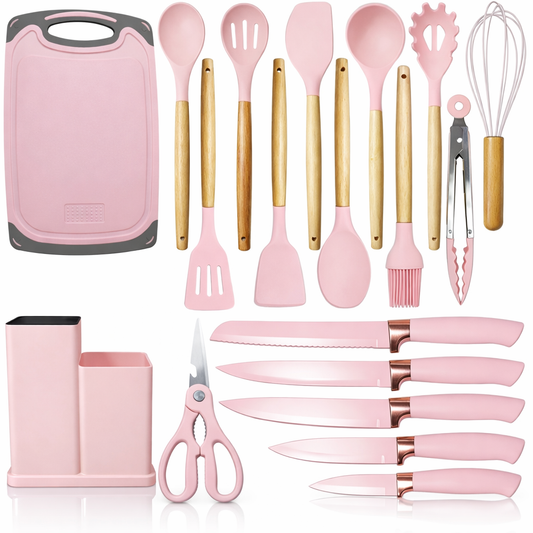Set ustensile Macvi® bucatarie silicon premium 19 piese cu suport organizare cutite tocator linguri spatule fara BPA rezistente la temperaturi ridicate, Roz