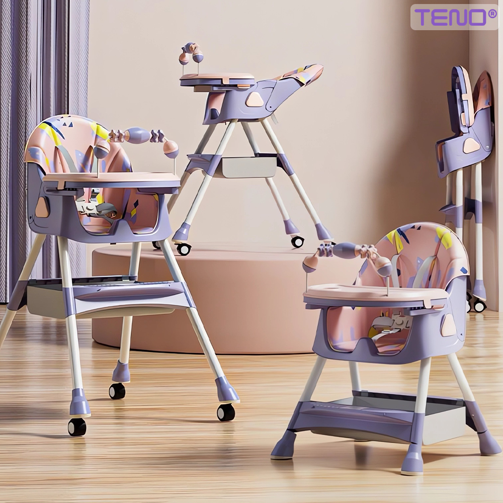 Scaun de Masa 3in1 pentru Bebelusi si Copii Teno®, centura de siguranta in 5 puncte, tavita reglabila si detasabila, loc depozitare jucarii, roz/mov