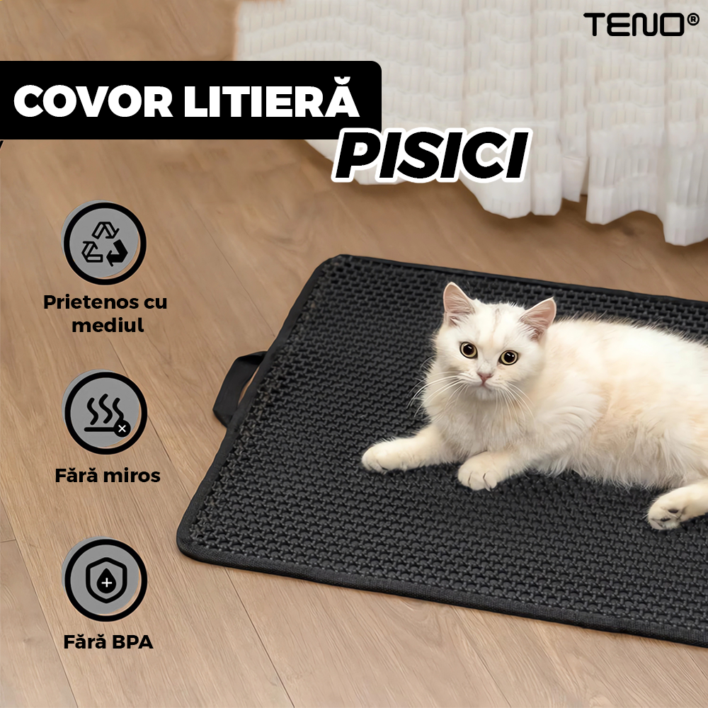 Covor pentru Litiera Pisicii Teno®, colectarea granulelor de nisip de diverse dimensiuni, waterproof, antiderapant, curata labutele pisicii, 45 x 60 cm, negru