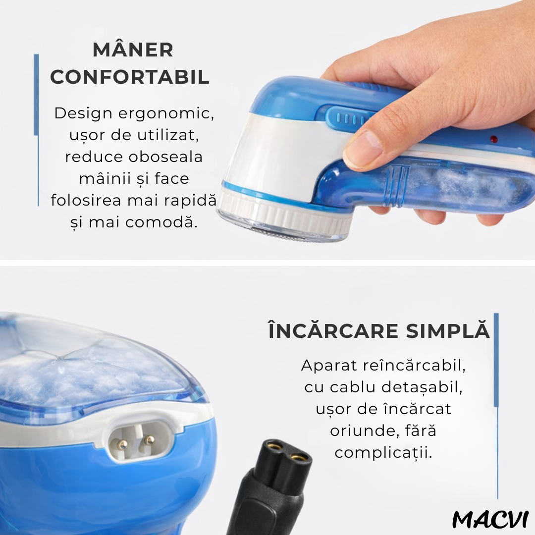 Aparat curatat scame MACVI, reincarcabil USB Type-C, motor 5W, portabil, alb