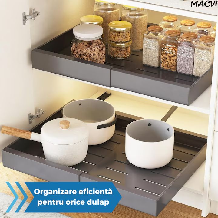 Organizator extensibil Macvi® pentru dulapuri, metal, sertar glisant, montare adeziva, capacitate mare, gri