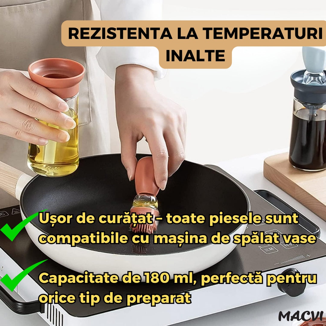 Sticla pentru ulei Macvi® cu pensula din silicon, scala precisa, rezistenta la caldura, usor de curatat, ideala pentru gatit, copt si grill, Multicolor