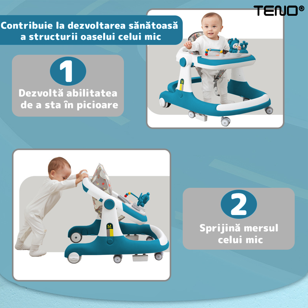 Premergator Multifunctional pentru Bebelusi Teno®, tava cu 3 jucarii, muzica, reglabil, pliabil, greutate max 20kg, 6-36 luni, albastru