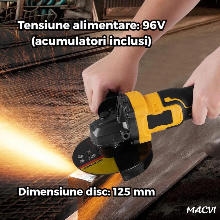 Polizor Unghiular Macvi® 96V Fara Fir Motor Brushless, Acumulator 15.0Ah, 10.000 RPM, 3 Viteze, Disc 125 mm, Protectie Suprasarcina, Afisaj Baterie