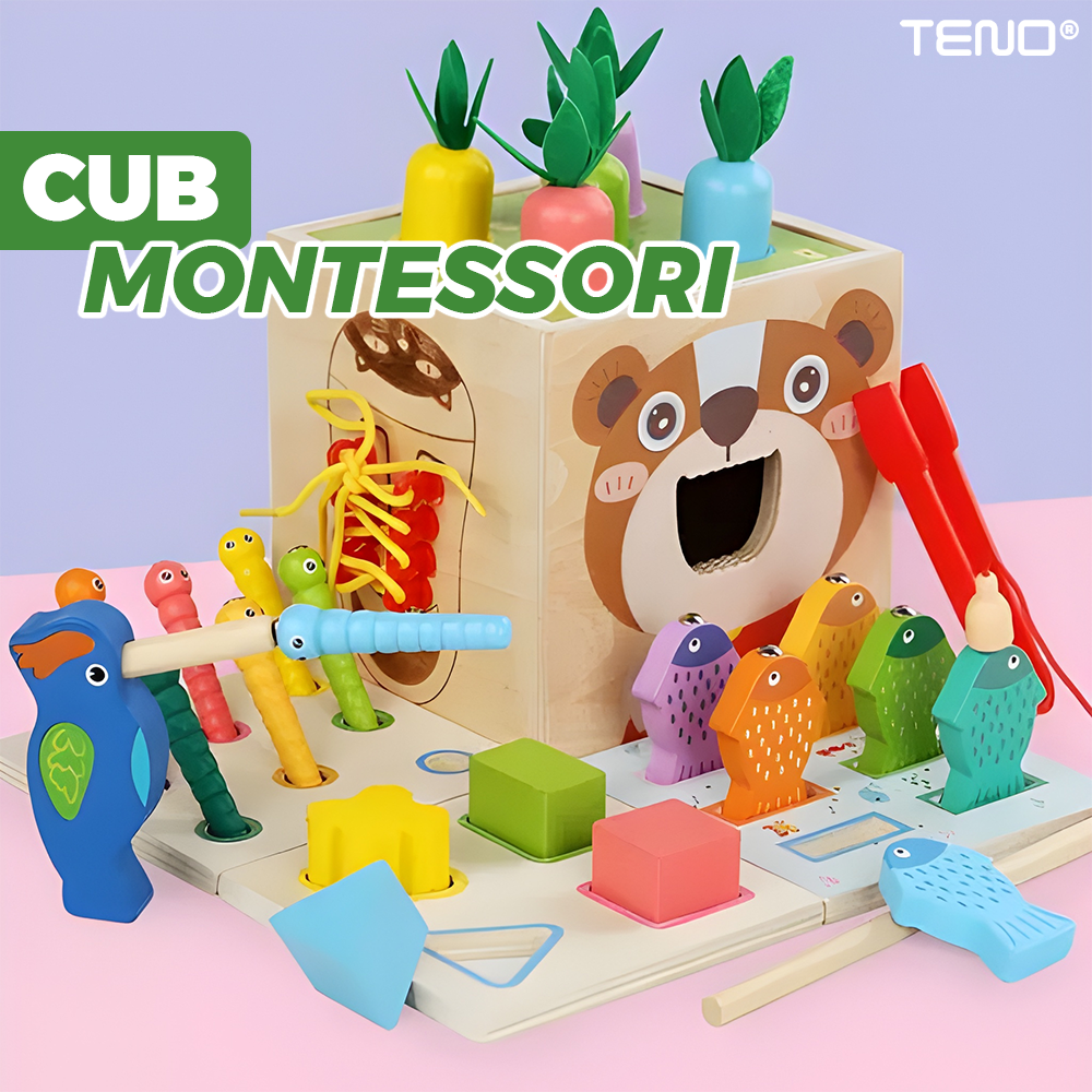 Cub Montessori Teno®, din lemn, educativ, joc cu legume, joc cu nasturi, joc de pescuit, sireturi, dezvolta abilitatile cognitive, senzoriale, coordonare mana-ochi, multicolor