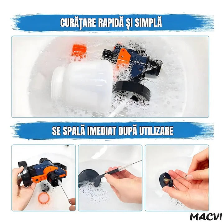 Pulverizator electric vopsea Macvi® 700W albastru vas 900 ml 3 moduri pulverizare debit reglabil 4 duze