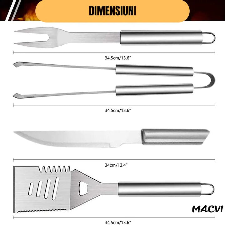 Set 5 ustensile gratar Macvi® din otel inoxidabil premium, geanta transport aluminiu captusita, accesorii pentru un gratar reusit