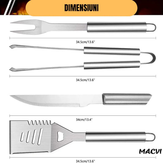 Set 5 ustensile gratar Macvi® din otel inoxidabil premium, geanta transport aluminiu captusita, accesorii pentru un gratar reusit