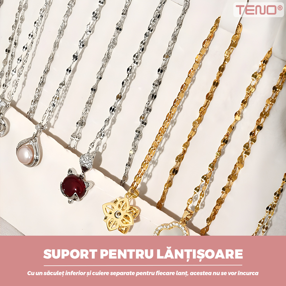 Cutie pentru Bijuterii Teno®, organizare si depozitare, 2 compartimente, captuseala fina, compartimente inele, bratari, lantisoare, ceasuri, compartiment secret, 23 x 10 x 17 cm, roz