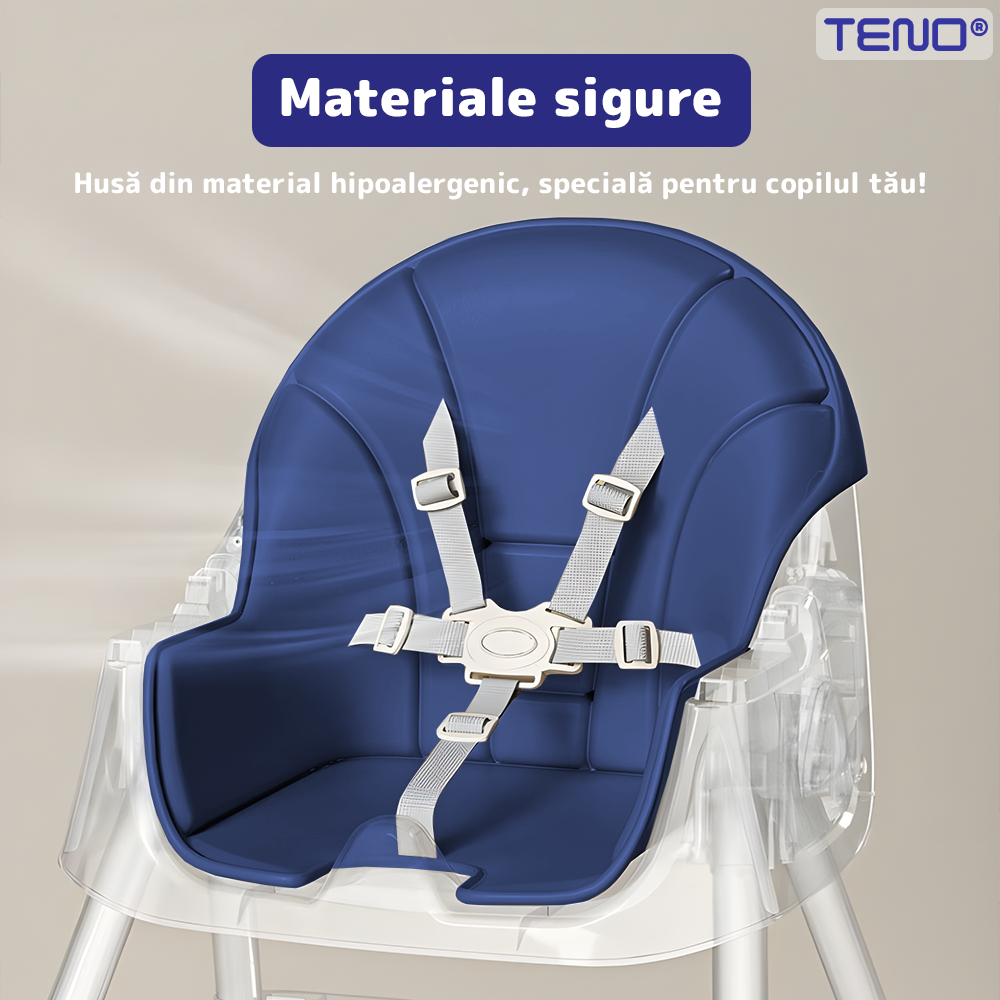 Scaun de Masa 3in1 pentru Bebelusi si Copii Teno®, centura de siguranta in 5 puncte, tavita reglabila si detasabila, loc depozitare jucarii, albastru inchis