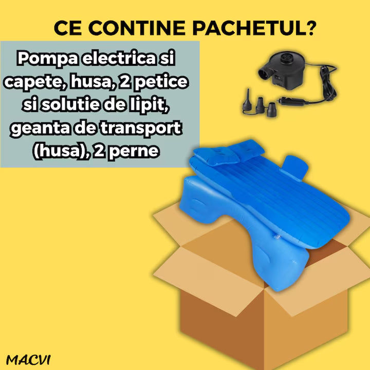 Saltea Gonflabila Auto Macvi® cu Perne si Suport de Echilibru, Ideala pentru Bancheta din Spate, Camping, Calatorii si Relaxare, Albastru