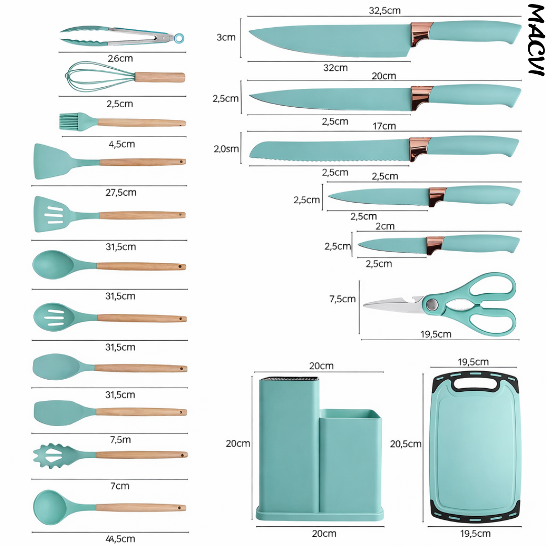 Set ustensile Macvi® bucatarie silicon premium 19 piese cu suport organizare cutite tocator linguri spatule fara BPA rezistente la temperaturi ridicate, Turcoaz